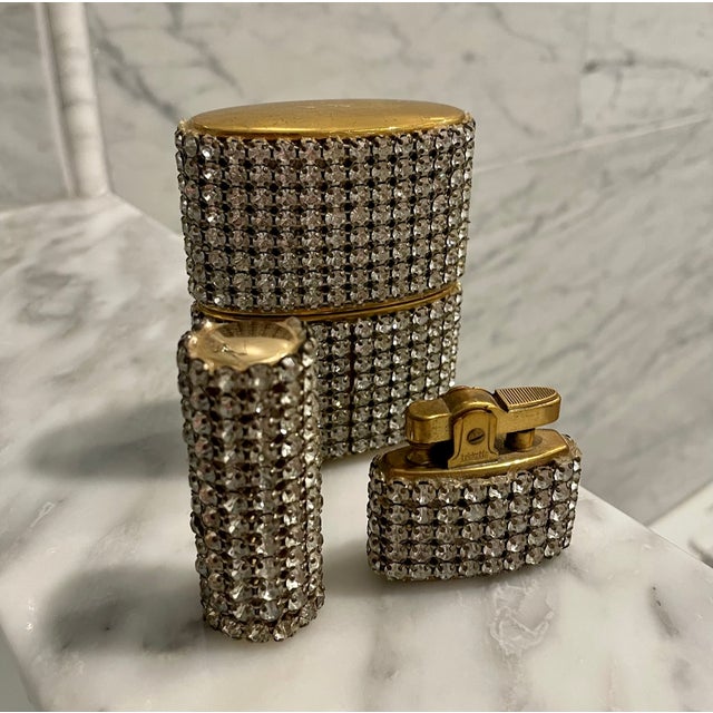 1950s Rhinestone Cigarette Box, Lighter and Lipstick Case Set Trickette by Weisner For Sale - Image 4 of 5