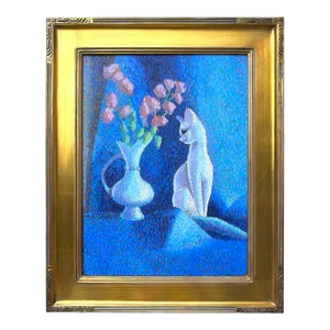 Vintage American Modernist Pointillist Oil Painting of a Cat and Vase of Flowers by Emmalean Baumann