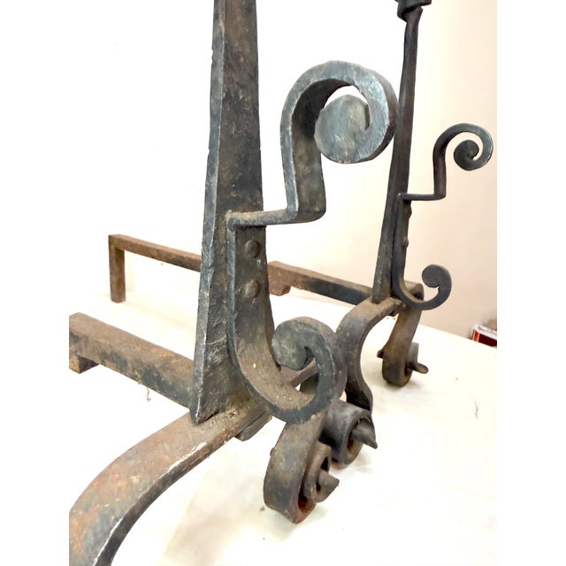 Rare Antique 19th Century Hand Wrought Iron Fireplace Firedogs Black Andirons For Sale - Image 11 of 13