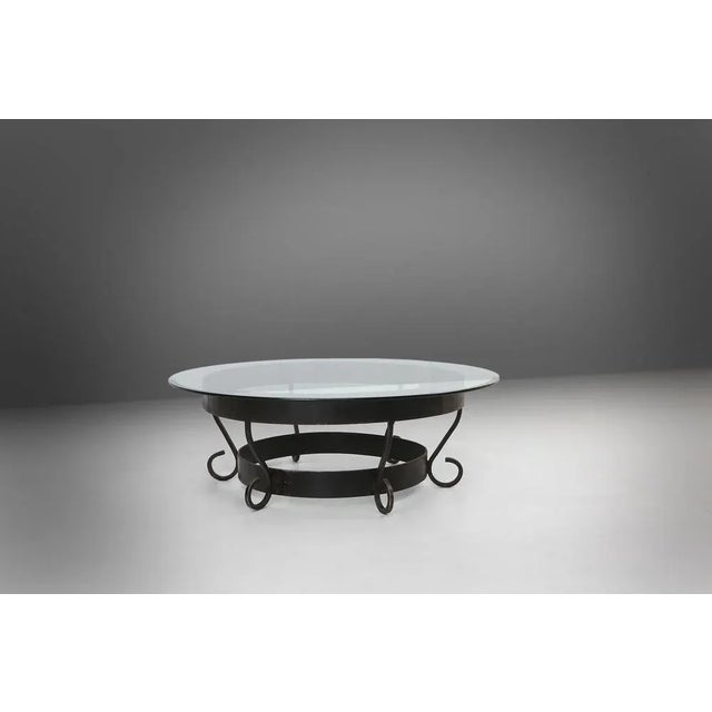 Mid-Century Modern Rustic Round Coffee Table with Wrought Iron Base and Glass Top, France, 1930s For Sale - Image 3 of 12