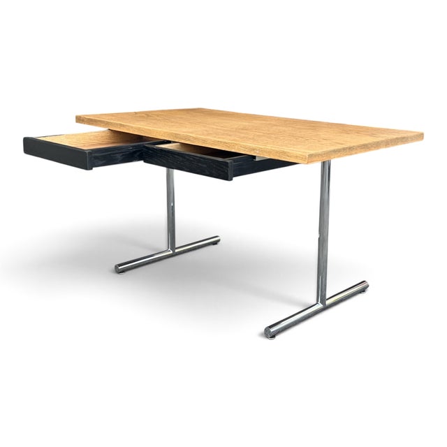 Vintage Mid-Century Modern Oak Writing Desk With Black Drawers & Chrome Base For Sale - Image 9 of 15