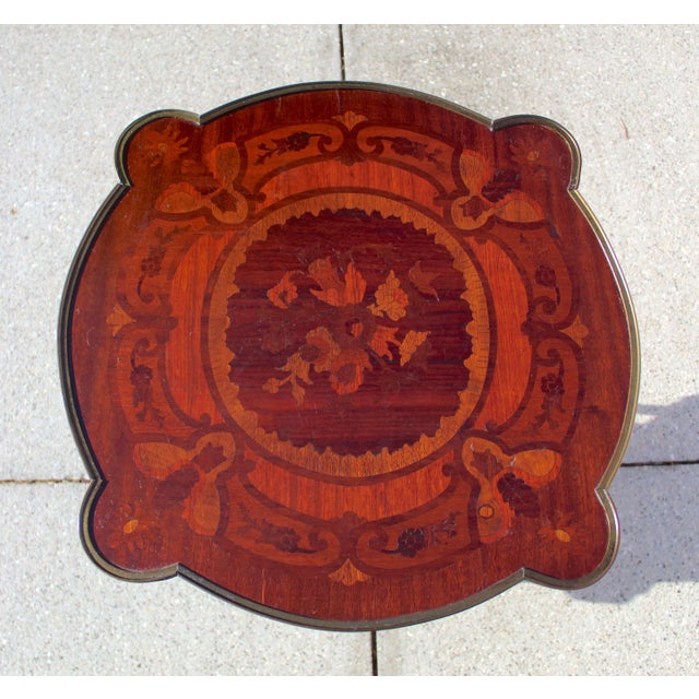 French Louis XV Revival Style Parquetry & Gilt Metal Accent Table, Mid 20th Century For Sale - Image 10 of 15