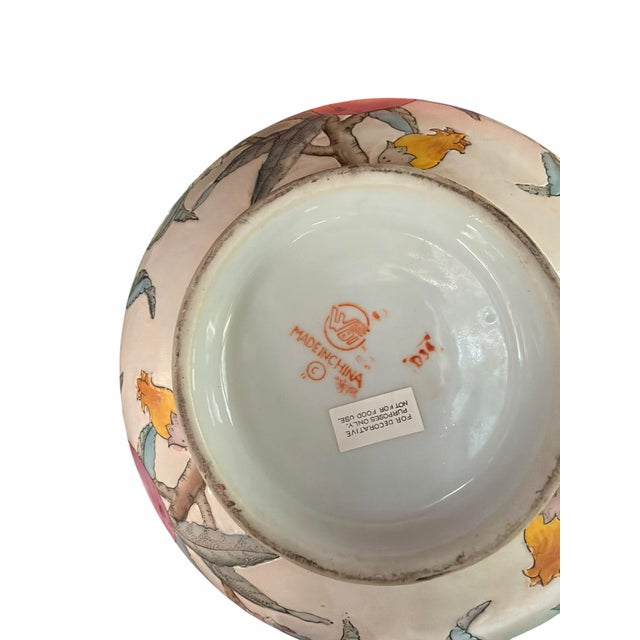 Eggshell Vintage Chinese Porcelain Fruit & Floral Bowl | Hand-Painted Famille Rose Style Centerpiece Bowl For Sale - Image 8 of 10