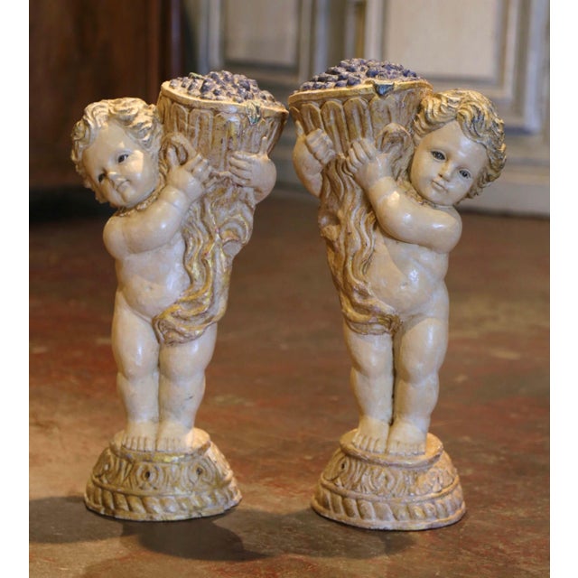 Mid 19th Century Pair 19th Century Italian Carved Polychrome and Painted Young Bacchus Statues For Sale - Image 5 of 10