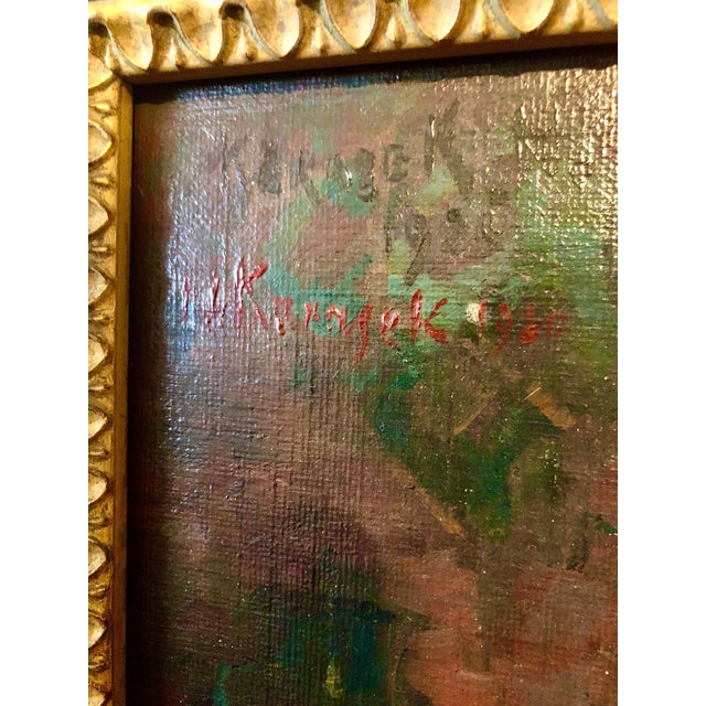 Nina Karasek, 1925 Viennese Oil Painting Interior Still Life with Porcelain Vase, Tapestry Rug, 1925 For Sale - Image 10 of 14