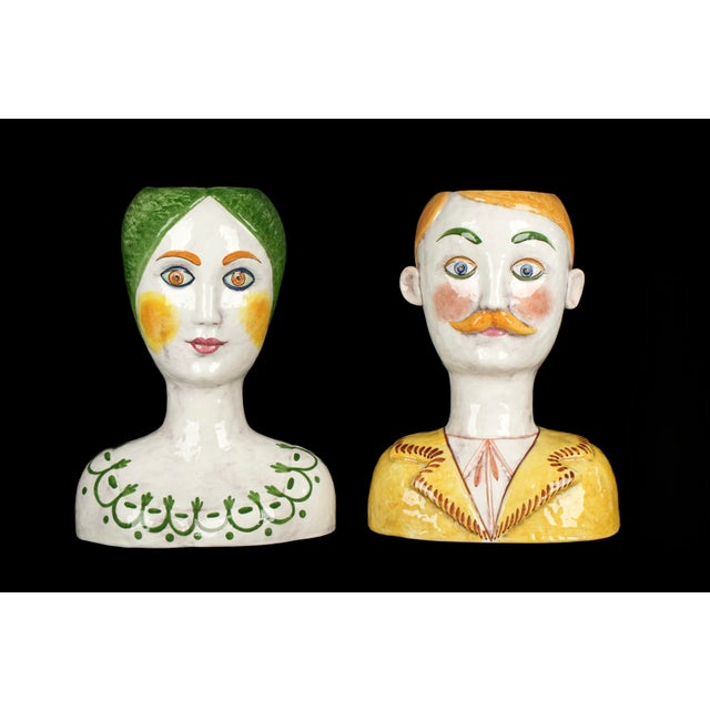 Pair Italian Horchow Faience Ceramic Busts Vintage Mid Century For Sale - Image 9 of 9