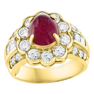 3.15 Carat Natural Burma Cabochon Ruby and 1.79 Carat Diamond 18 Karat Gold Ring For Sale