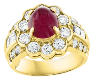 3.15 Carat Natural Burma Cabochon Ruby and 1.79 Carat Diamond 18 Karat Gold Ring