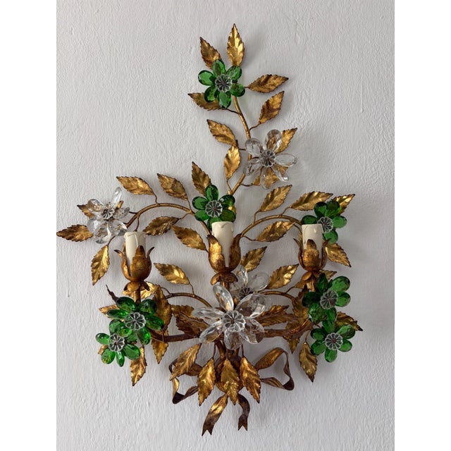 Glass Maison Baguès Style 3 Lights Green Crystal Flowers Tole Bow Sconces, Circa 1940 For Sale - Image 7 of 13