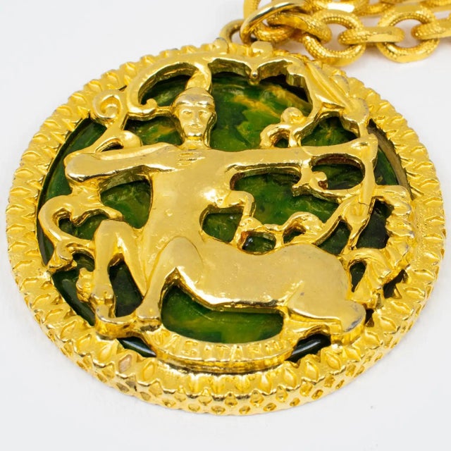 Pauline Rader Gilded Necklace with Green Bakelite Centaur Pendant For Sale - Image 12 of 12