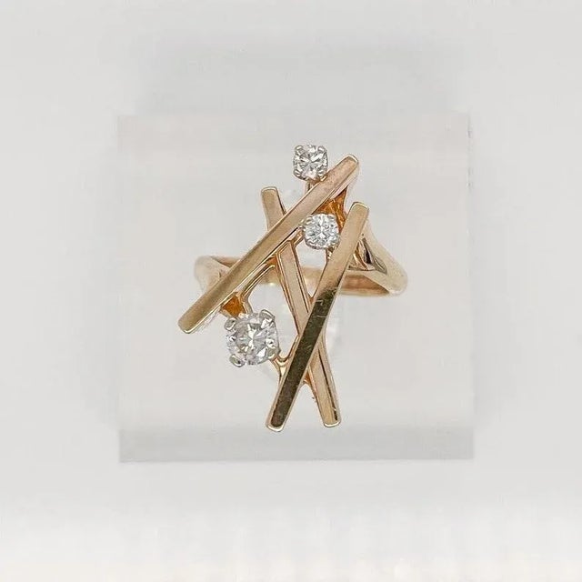 Metal Vintage Signed Hammerman Bros Modernist 14 Karat Gold & Diamond Cocktail Ring Size 6.25 For Sale - Image 7 of 10