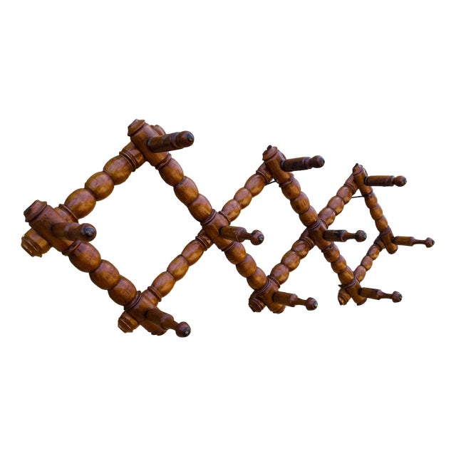 Antique Wall Mounted Turned Wood Folding Coat Rack, 1890s For Sale