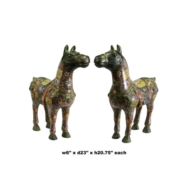 Shabby Chic Chinese Brown Enamel Cloisonne Metal Horse Figures - a Pair For Sale - Image 3 of 10