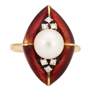 Vintage Abstract Ring Diamond Red Enamel Cultured Pearl Sz 6 Cocktail Jewelry For Sale