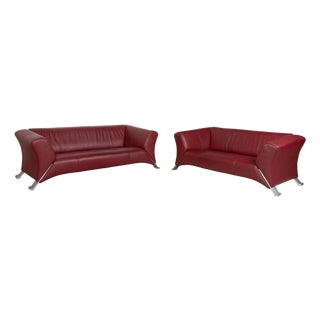 322 Set Leather Three-Seater Two-Seater Red Sofa Couch from Rolf Benz, Set of 2 For Sale