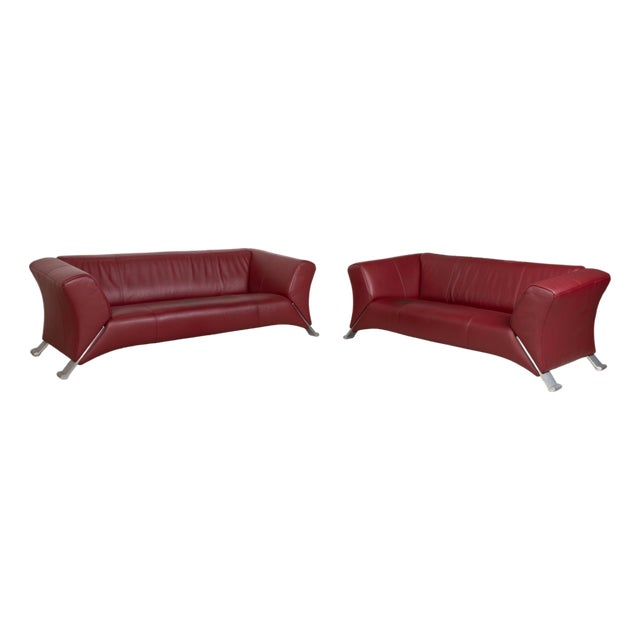 322 Set Leather Three-Seater Two-Seater Red Sofa Couch from Rolf Benz, Set of 2 For Sale