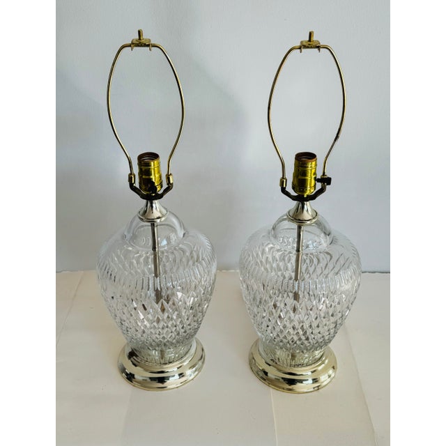 Vintage 1970s Diamond Pattern Lead Crystal Table Lamps, a Pair. This pair of crystal lamps has a cut diamond pattern all...