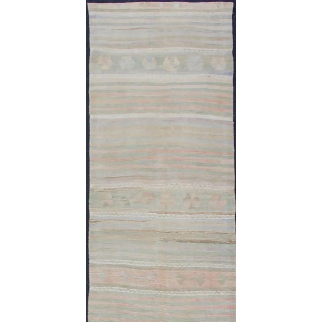 Vintage Turkish Kilim runner with a stripe and modern design in taupe, light pink, light green, slight blue tones and...