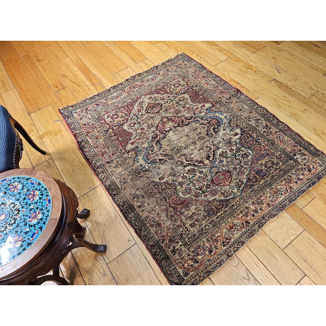 19th Century Kerman Lavar Rug, Hand-Knotted Wool, Floral Pattern, Ivory & Red, 4x5 For Sale - Image 10 of 18
