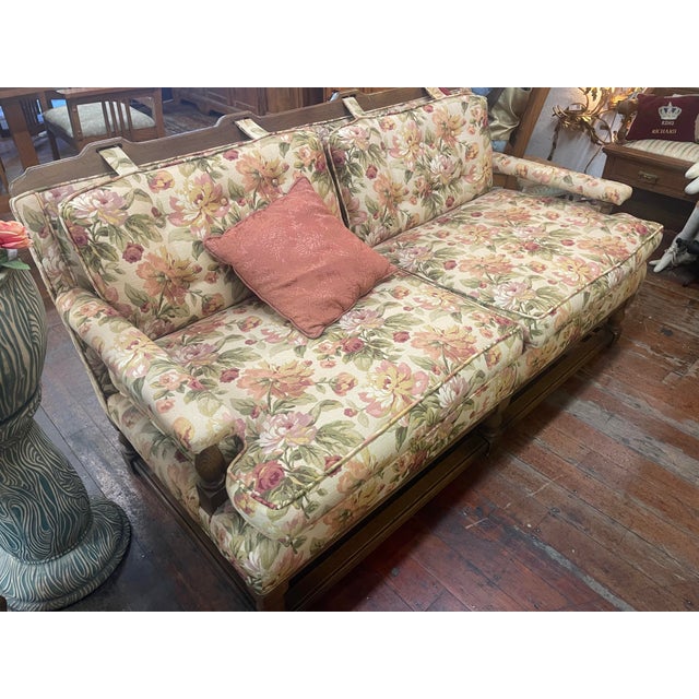 English Vintage English Style Floral Upholstered Sofa With Carved Wood Frame For Sale - Image 3 of 11
