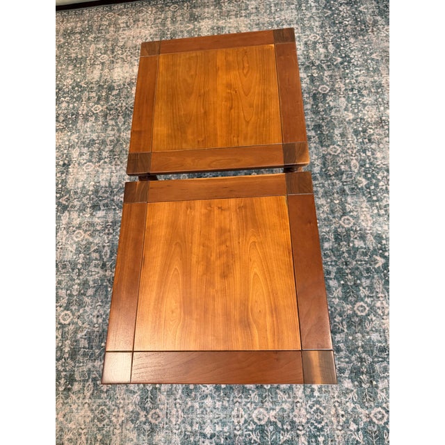 Pair #2 A beautifully restored pair of vintage Heritage-Henredon tables, featuring richly figured wood tops framed by...