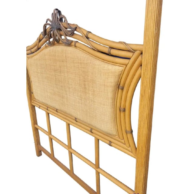 Traditional Vintage Queen Size Regency Tropical Weaved Wicker Padded Upholstered Bamboo Poster Headboard For Sale - Image 3 of 9
