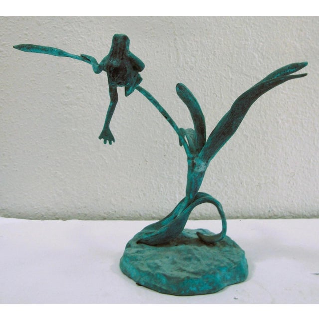 Jumping Frog on Reeds Cold-Cast Bronze Sculpture With Hand Applied Patina For Sale - Image 4 of 13