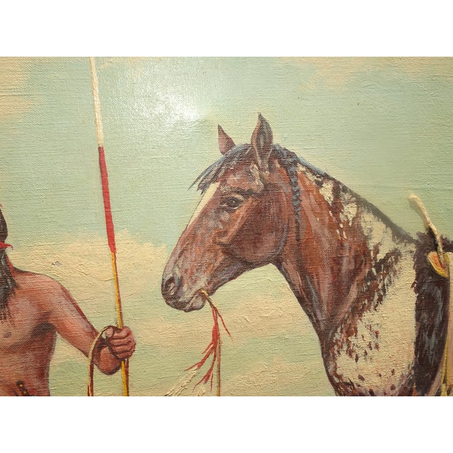 VTG American Indians W Horses Oil Painting Picture Signed W Horse Monogram Fabri For Sale - Image 13 of 15