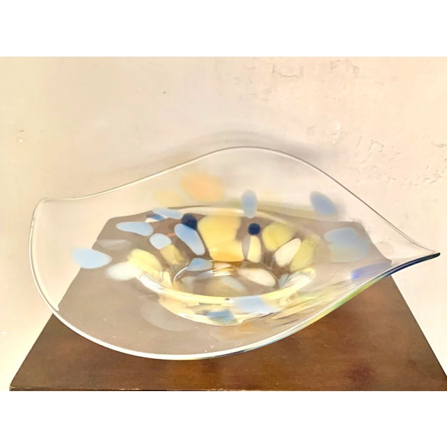 Modern Clear Glass Centerpiece Bowl With Yellow and Blue Design For Sale In San Diego - Image 6 of 6
