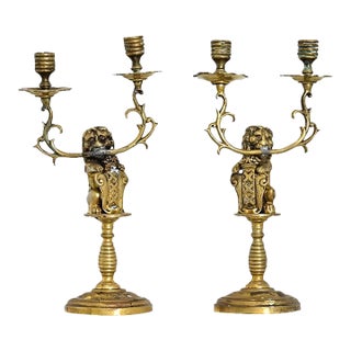 19th Century Pair of Brass Lion Candlesticks from Amsterdam For Sale