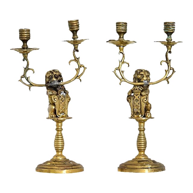 19th Century Pair of Brass Lion Candlesticks from Amsterdam For Sale