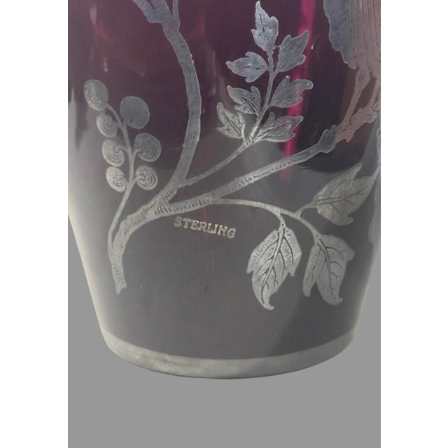 Art Nouveau Antique Amethyst Purple Glass Vase Sterling Silver Overlay Peacock 10.5” For Sale - Image 3 of 8
