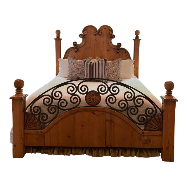 One-of-a-Kind Custom King Bed in Antique German Pine With Carved Scrollwork & Iron For Sale