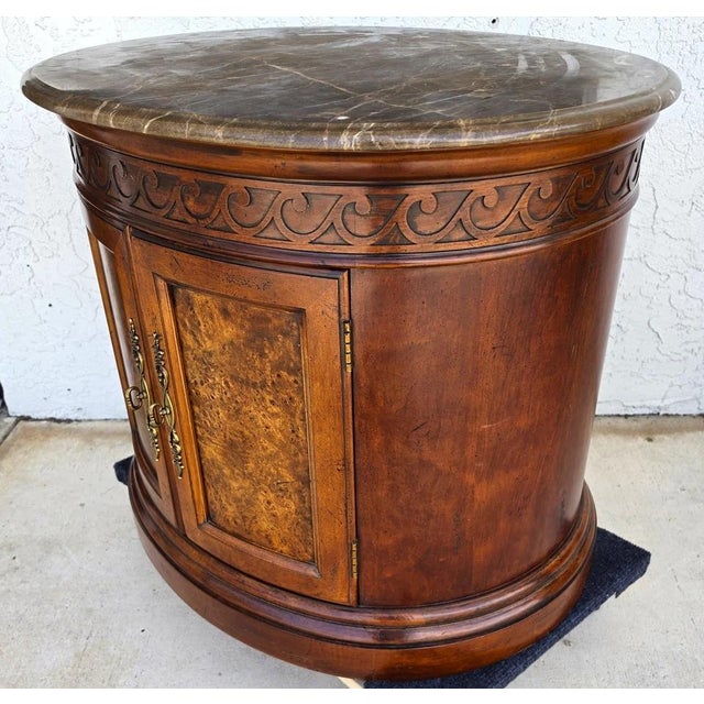 1980s Henredon Style Mahogany & Marble Drum Center Side Bedside Table For Sale - Image 5 of 13