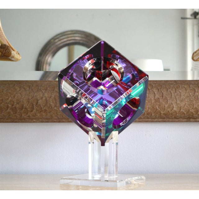 Mid-Century Modern 1994 Shlomi Haziza Op Art Lucite Large Cube Modern Sculpture For Sale - Image 3 of 12
