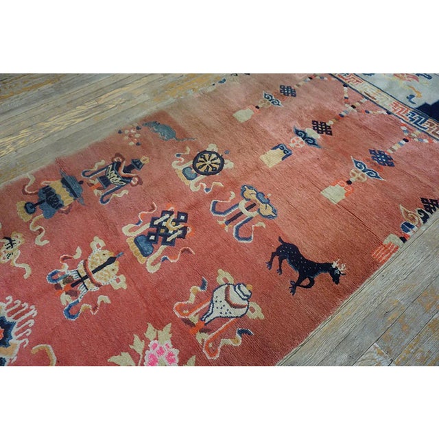 1920s Salmon Eight Auspicious Symbols Antique Chinese Ningxia Pillar Carpet 3'7'' X 8'10'' Knotted Wool Rug For Sale - Image 4 of 8