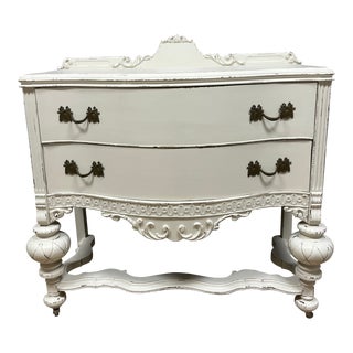Painted White Petite Sideboard Server Carved Top Back Trim Serpentine Front For Sale