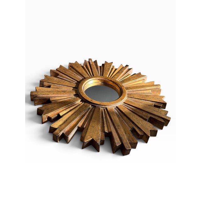 Mid 20th Century Vintage Gold Sunburst Mirror | Molded Resin Starburst Wall Mirror For Sale - Image 5 of 6