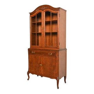 Romweber French Provincial Louis XV Carved Walnut and Burl Wood Breakfront Bookcase Cabinet, Circa 1930s For Sale