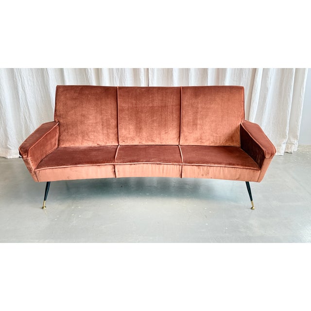 Charming mid century three-seater sofa with velvet amaretto colour upholstery from Italy, 1950s. Reminiscent of Marco...