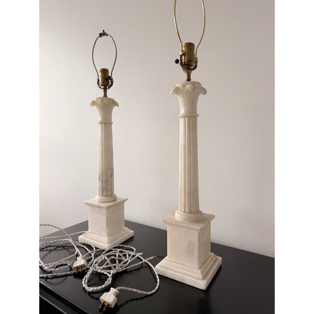 Neoclassical Alabaster Marble Table Lamps Pair For Sale - Image 14 of 14