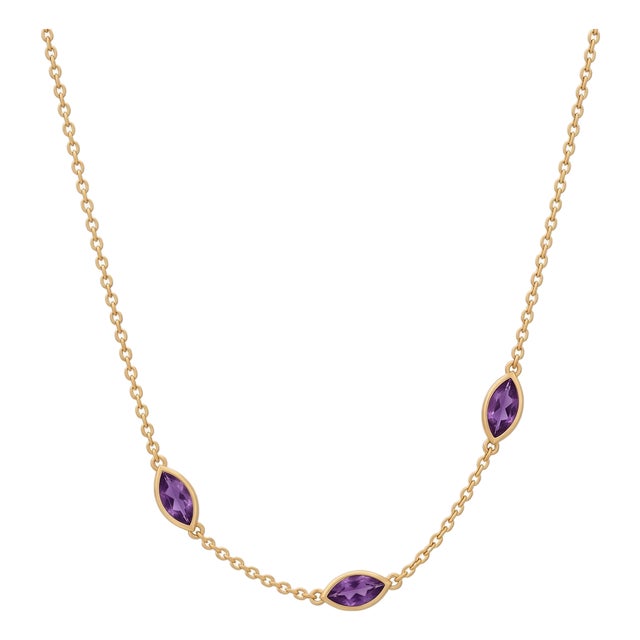 Marquise Amethyst Gold Station Necklace | Dainty Purple Gemstone Bezel Chain | February Birthstone Minimalist Jewelry | Delicate Gift for Women For Sale
