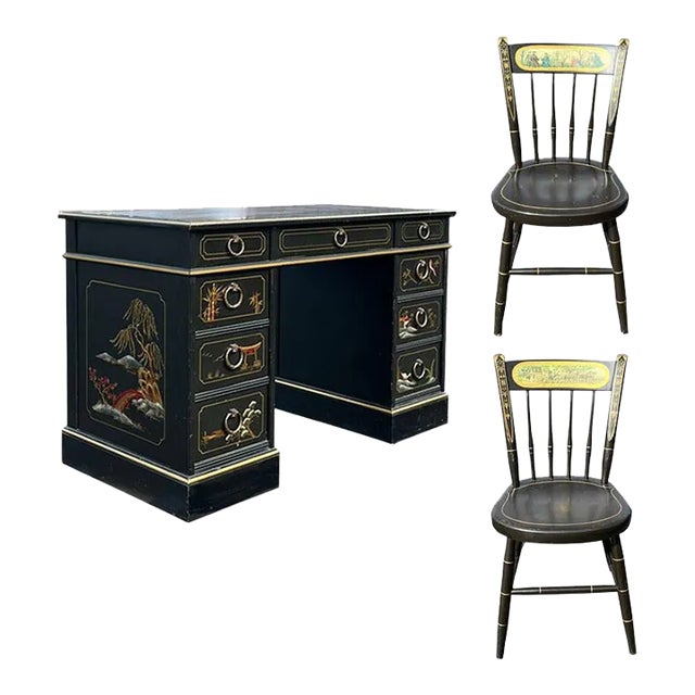 Early 20th Century Chinoiserie Japanned Leather Top Desk and Chair Set - Nichols and Stone For Sale