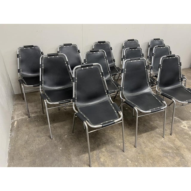 Charlotte Perriand Black Leather Dining Chairs by Charlotte Perriand for Les Arcs, 1960s, Set of 12 For Sale - Image 4 of 10