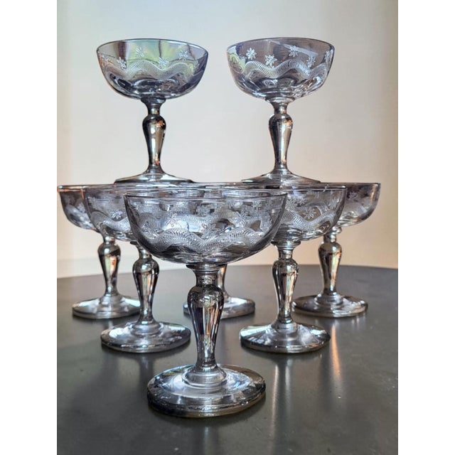 Art Deco Engraved Glass Champagne Coupes from Meisenthal, 1930s, Set of 8 For Sale - Image 12 of 14