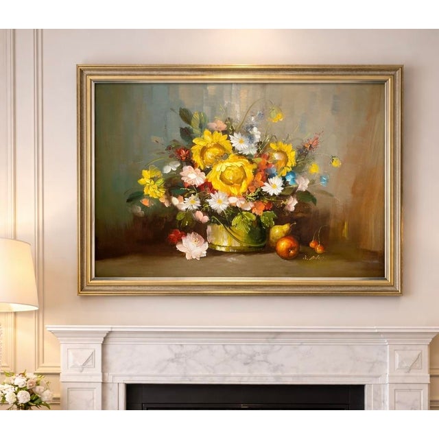Vintage Floral Still Life Oil Painting in Frame | Elegant European Bouquet With Roses & Daisies | Classic Traditional Wall Art For Sale In New York - Image 6 of 13