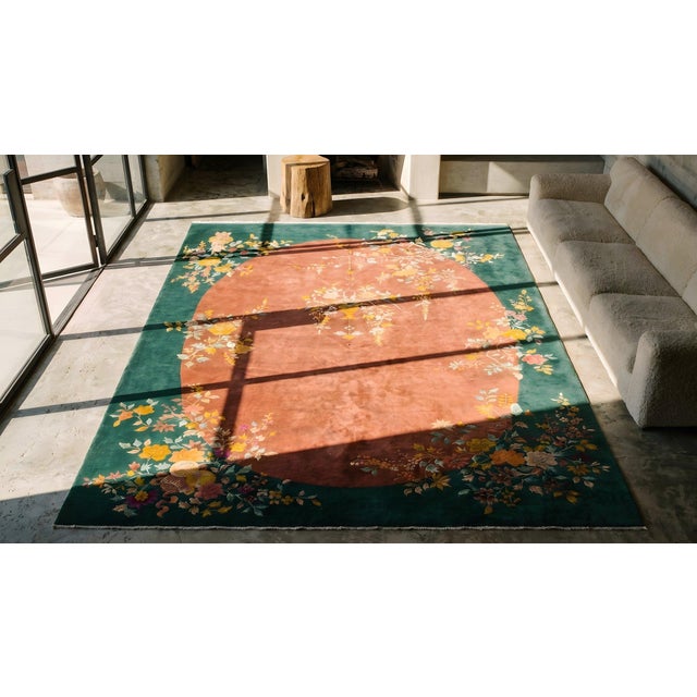 Textile 1920s Orange Floral Modern Antique Chinese Art Deco Rug 9' X 11'9" Handknotted Wool Carpet For Sale - Image 7 of 9