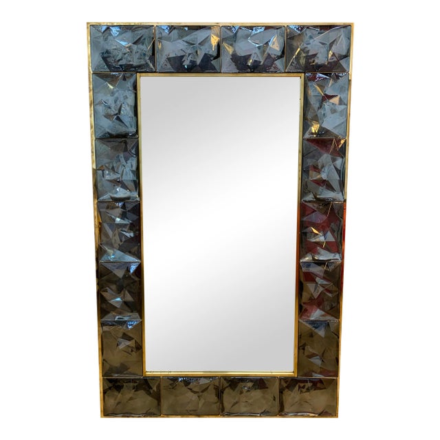 Contemporary Brass Mirror with Gray Murano Glass, Italy For Sale