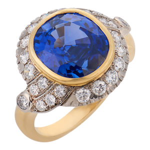 1970s French Gia 8.00 Carat Ceylon Sapphire Diamond 18k Two Tone Gold Cocktail Ring, Size 8.25