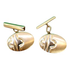 Oval Gold Cufflinks with Reliefs and Bands on the Crossbars, Set of 2 For Sale